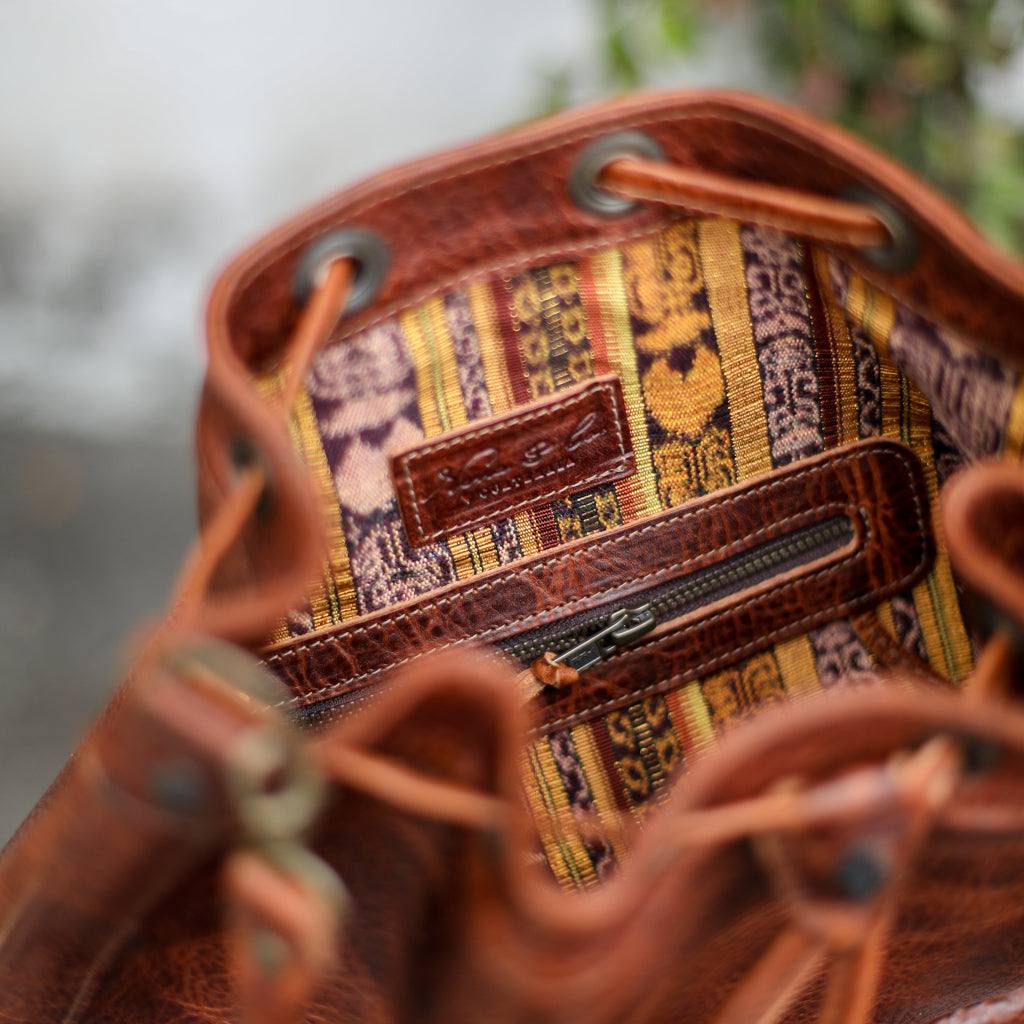 DRAWSTRING BUCKET BAG - FULL LEATHER - HONEY