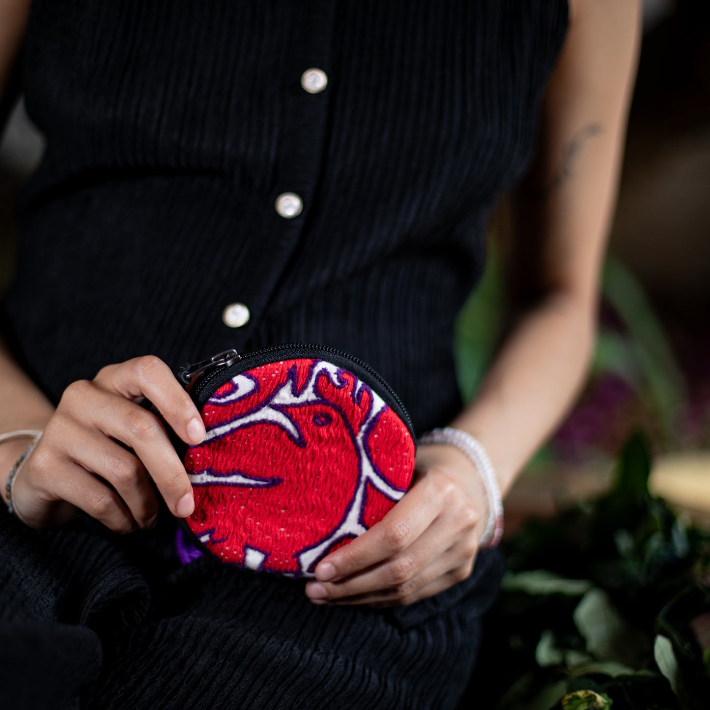 CIRCLE COIN PURSE - OTOMÍ TEXTILE - BLACK - NO. 18206