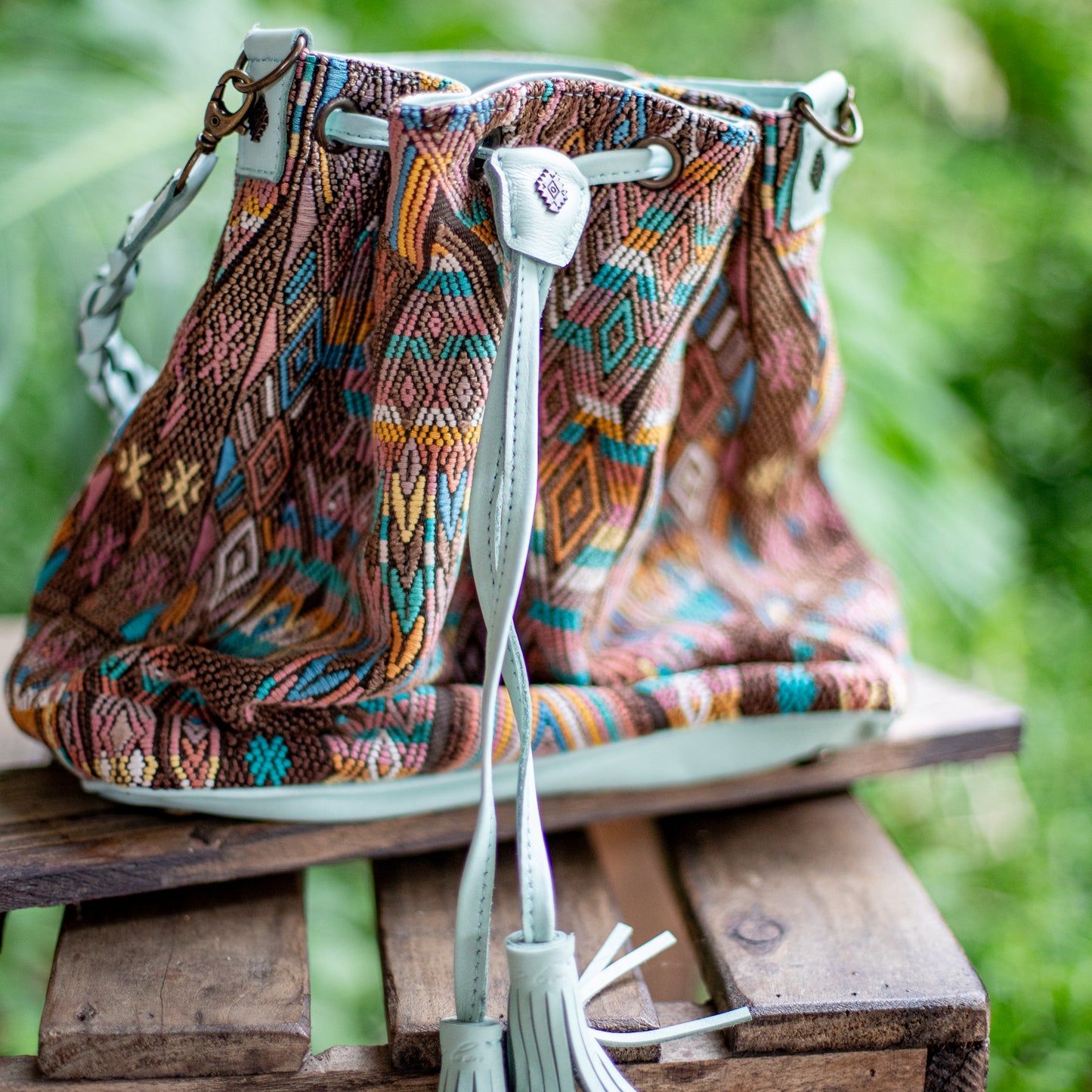 DRAWSTRING BUCKET BAG - OOAK HUIPIL - LUCITE - NO. 17864