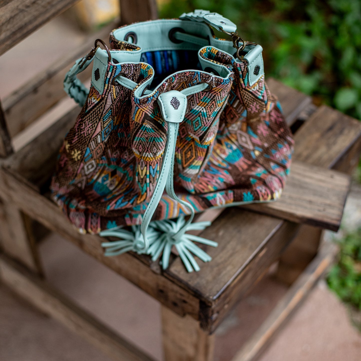 DRAWSTRING BUCKET BAG - OOAK HUIPIL - LUCITE - NO. 17864