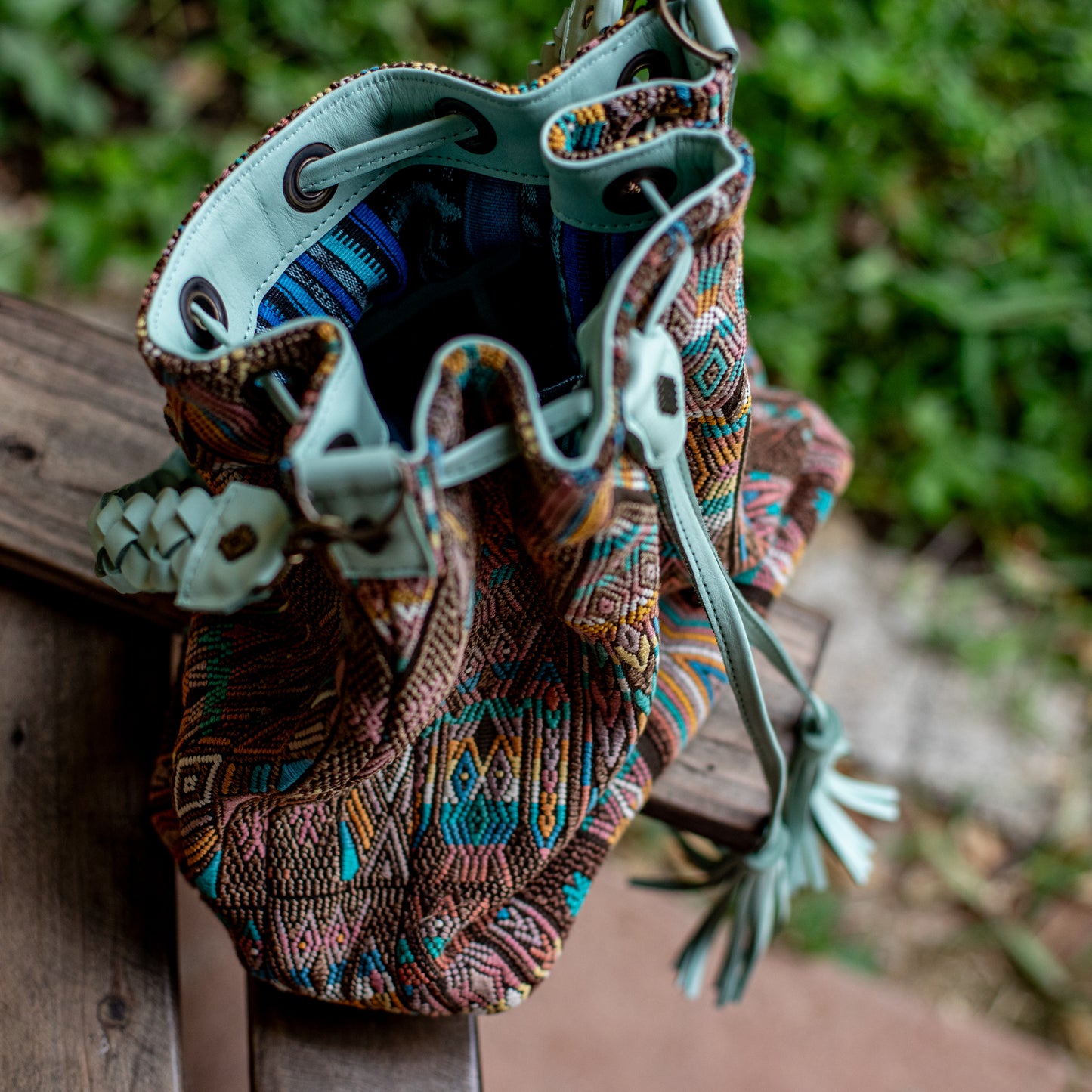 DRAWSTRING BUCKET BAG - OOAK HUIPIL - LUCITE - NO. 17864