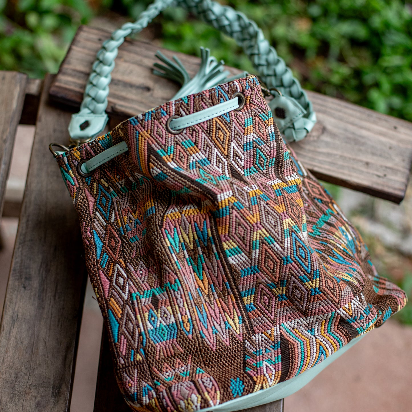 DRAWSTRING BUCKET BAG - OOAK HUIPIL - LUCITE - NO. 17864