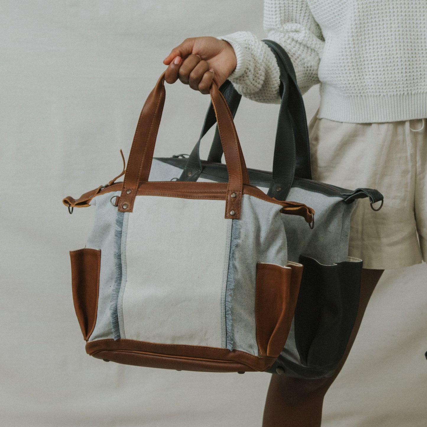 OG REVIVAL CONVERTIBLE DAY BAG MEDIUM - UPCYCLED DENIM - CAFE LEATHER