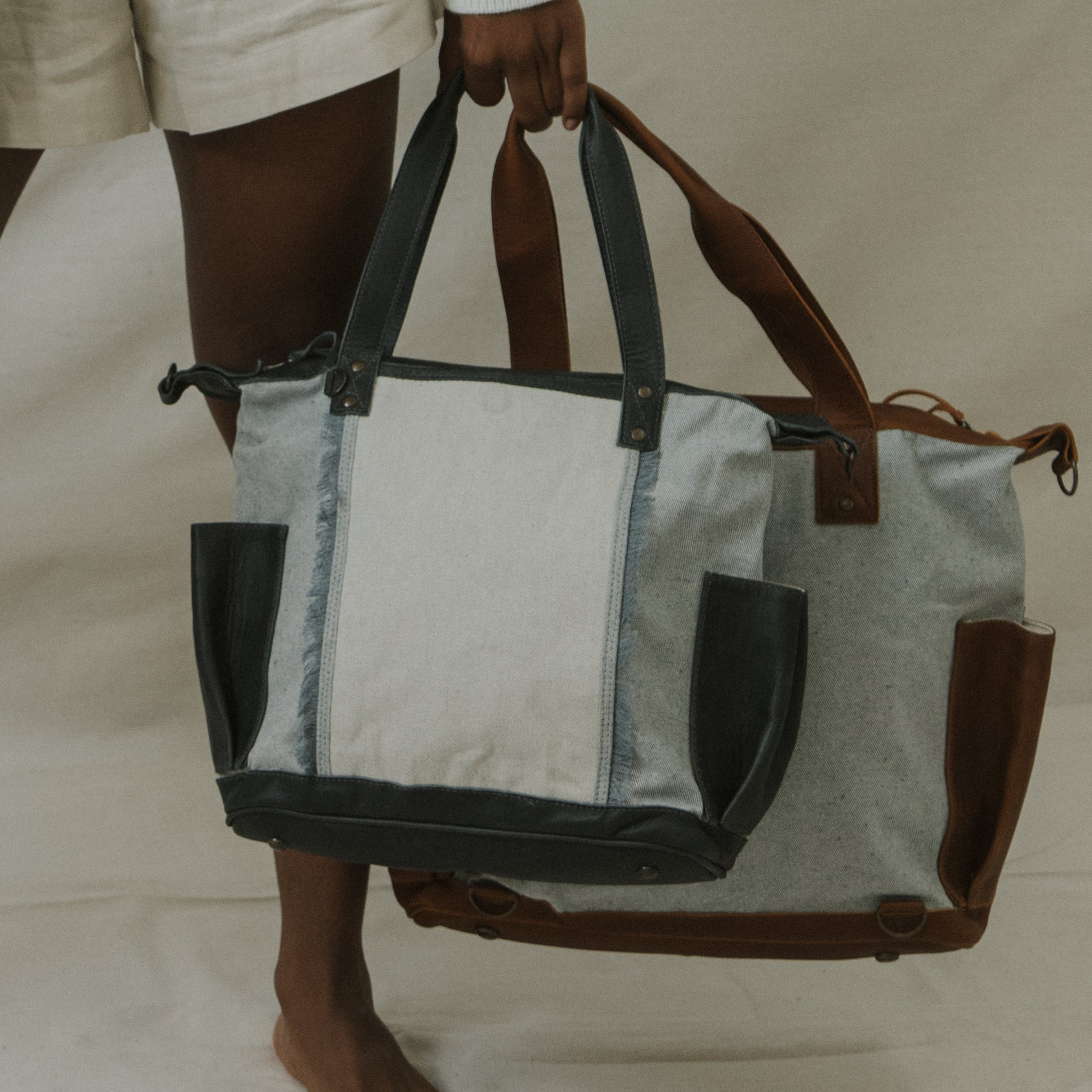 OG Revival Convertible Day Bag Medium Upcycled Denim Slate Leather