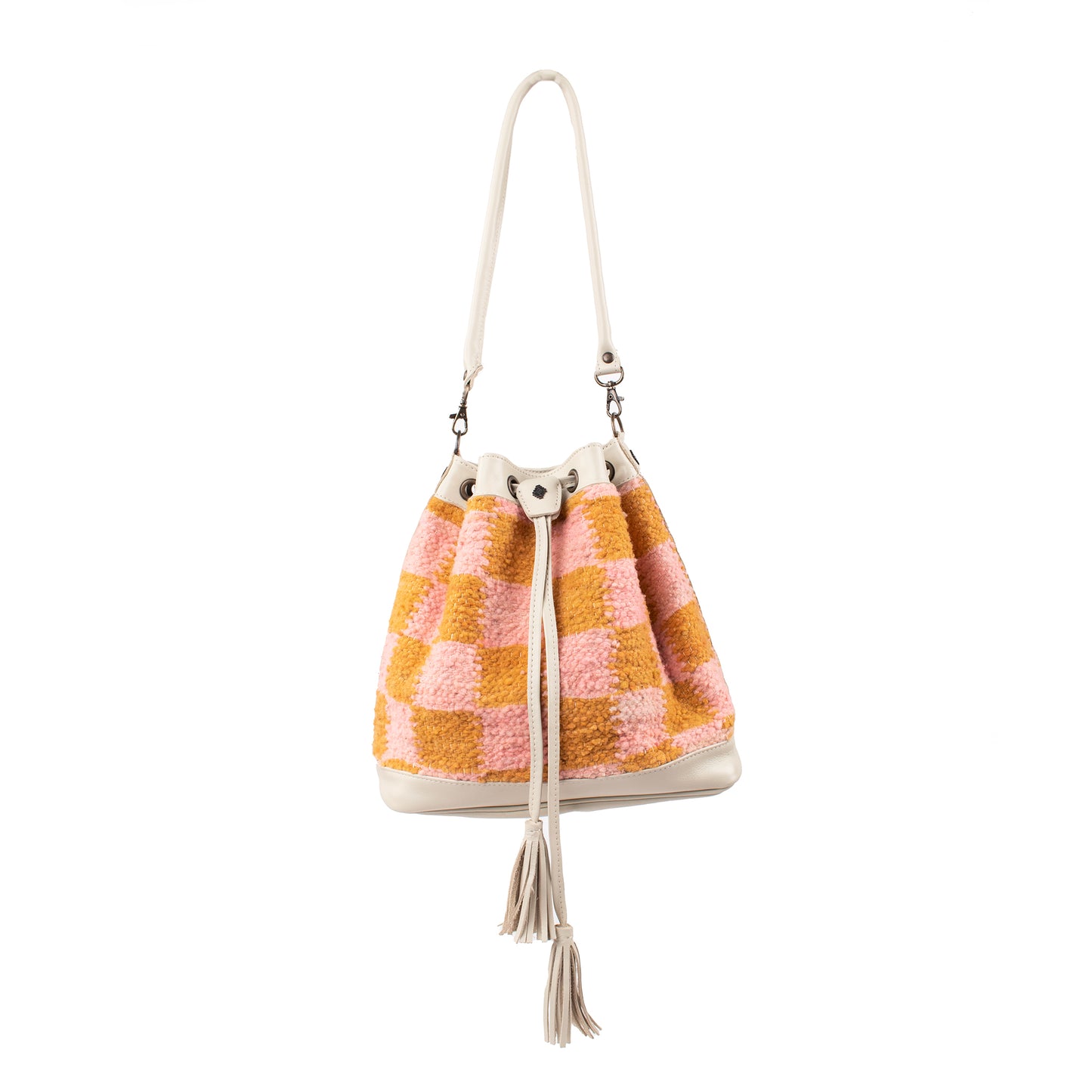 DRAWSTRING BUCKET BAG - MEDIUM - MOMO CHECKERED - BLUSH & MUSTARD - BONE LEATHER