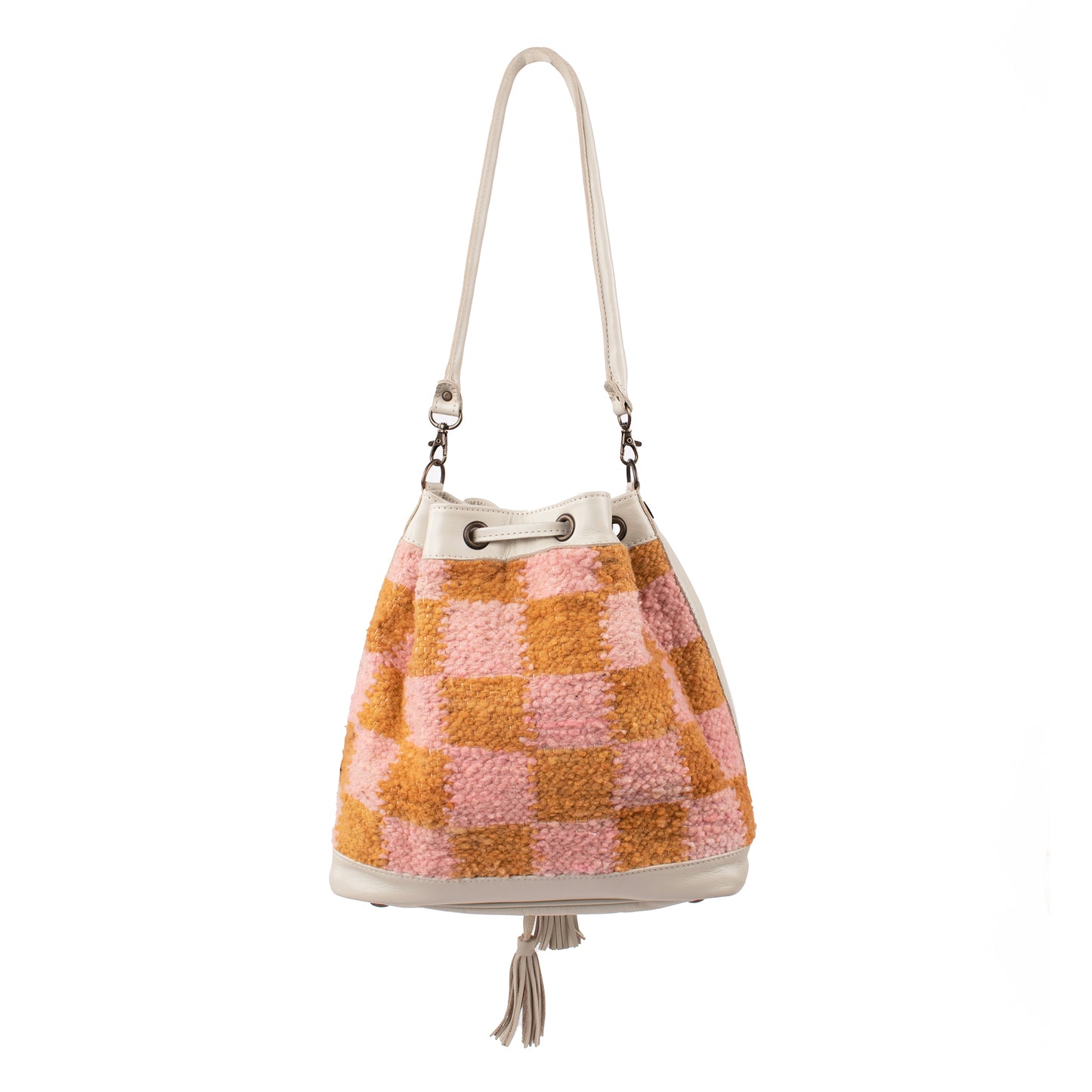 DRAWSTRING BUCKET BAG - MEDIUM - MOMO CHECKERED - BLUSH & MUSTARD - BONE LEATHER