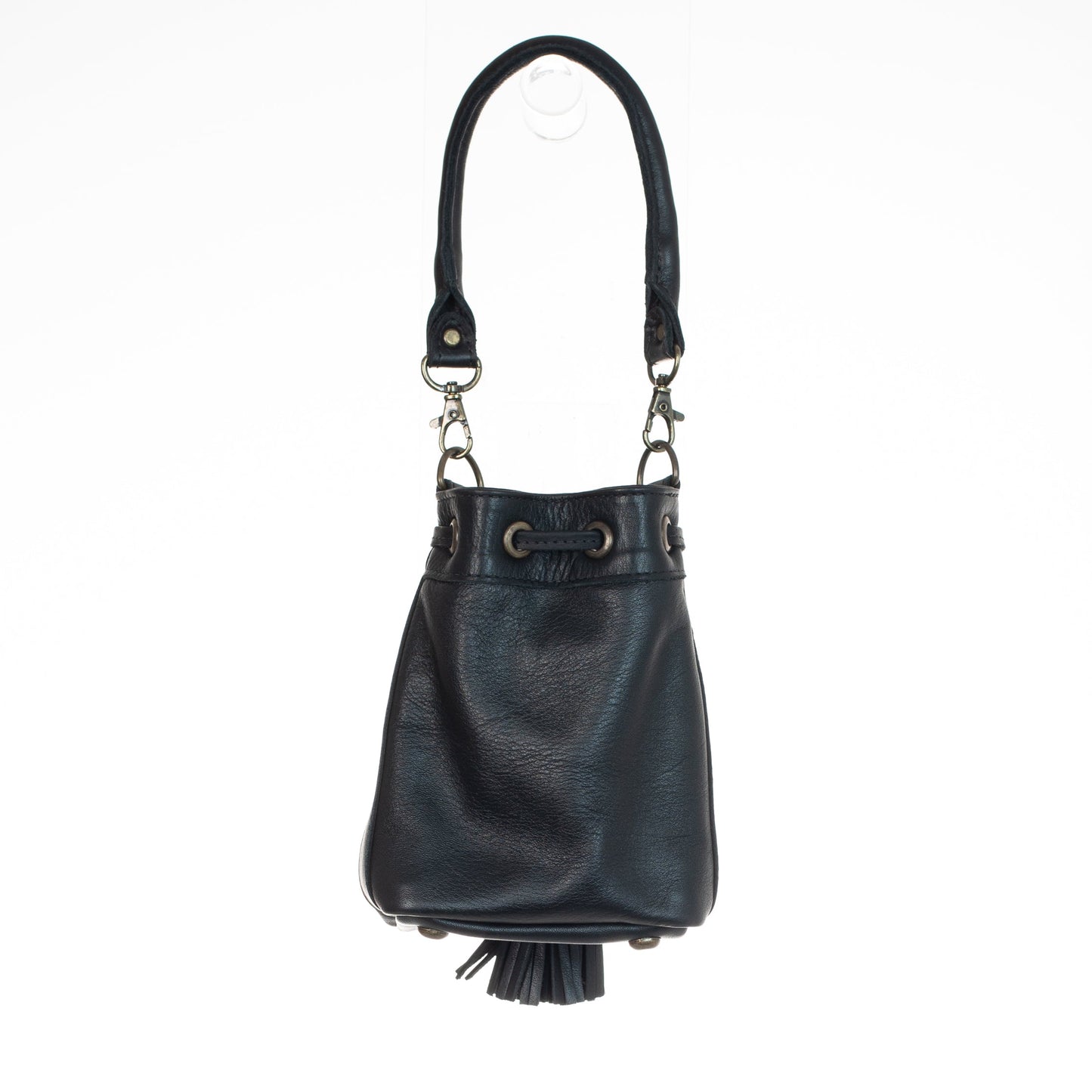 MINI DRAWSTRING BUCKET BAG - FULL LEATHER - BLACK