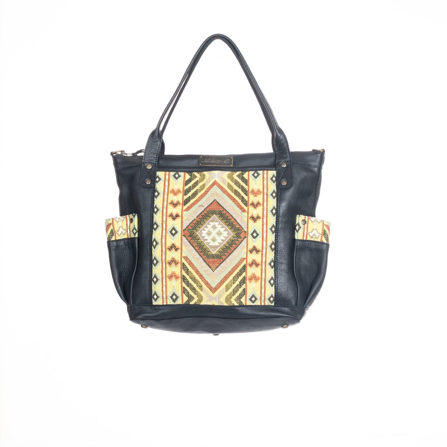 HERITAGE & SOCIETY THRIVE - THE PERFECT BAG MEDIUM - WHEAT PANEL IN CHARTREUSE + POCKET TRIM - BLACK LEATHER