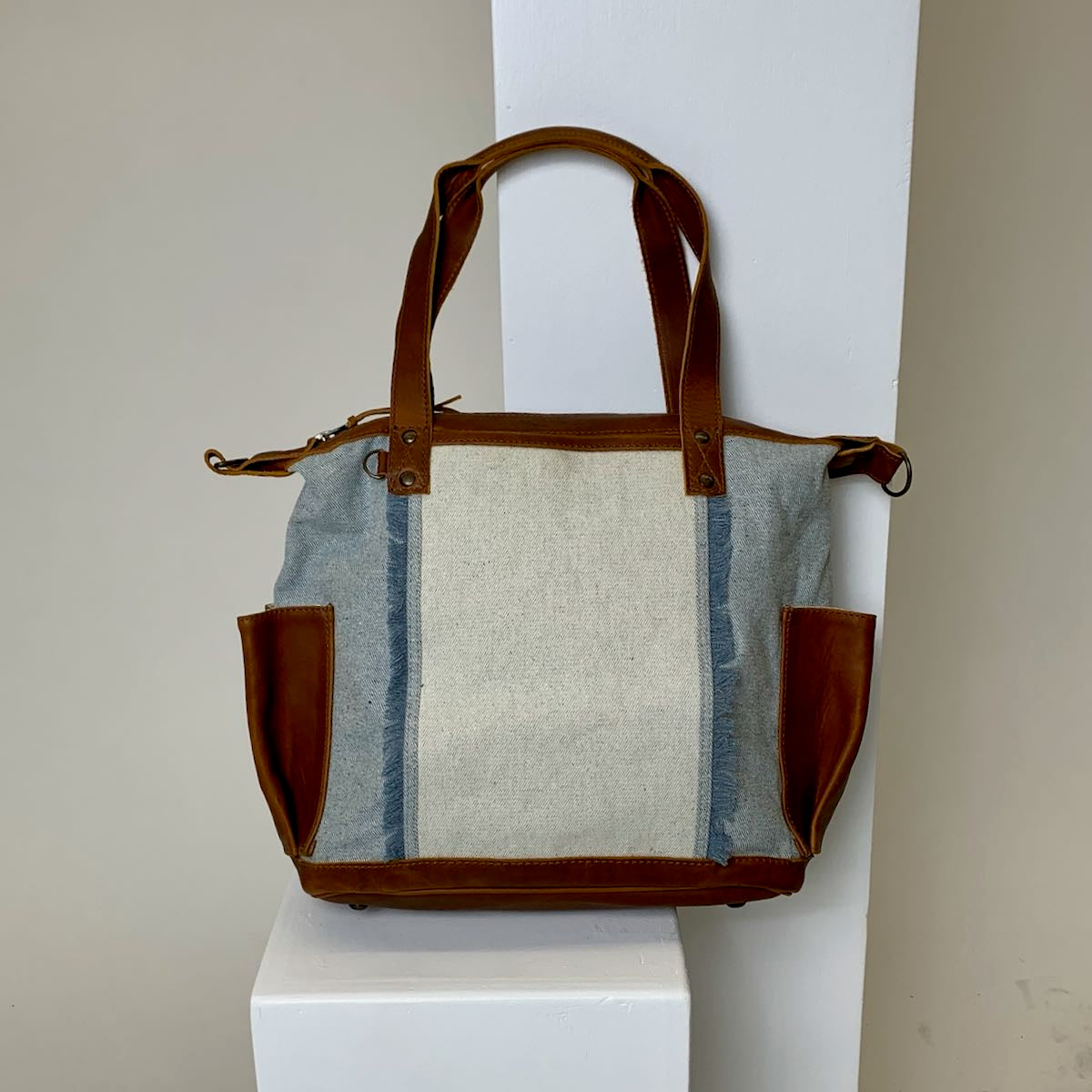 OG REVIVAL CONVERTIBLE DAY BAG MEDIUM - UPCYCLED DENIM - CAFE LEATHER