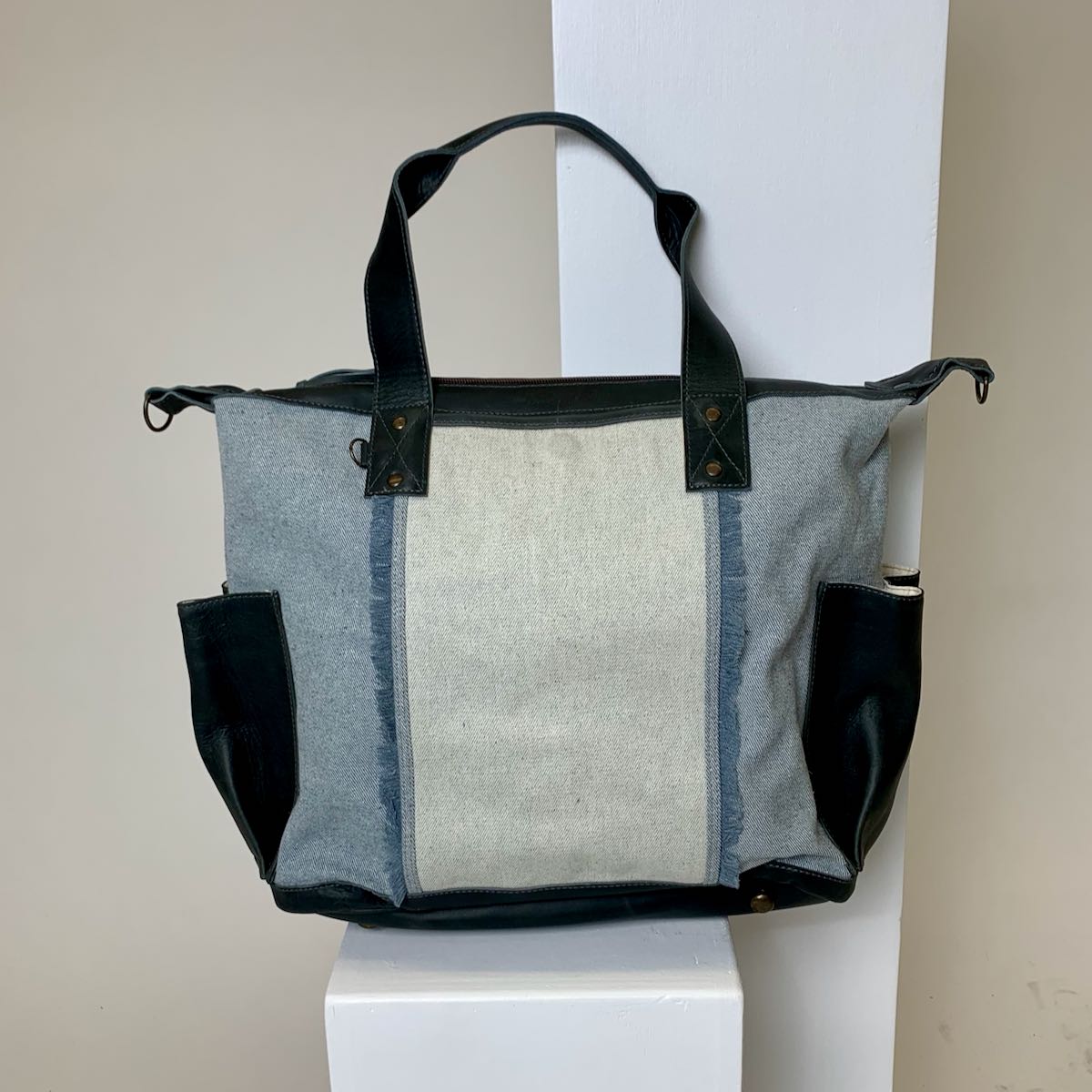 OG REVIVAL CONVERTIBLE DAY BAG - UPCYCLED DENIM - SLATE LEATHER