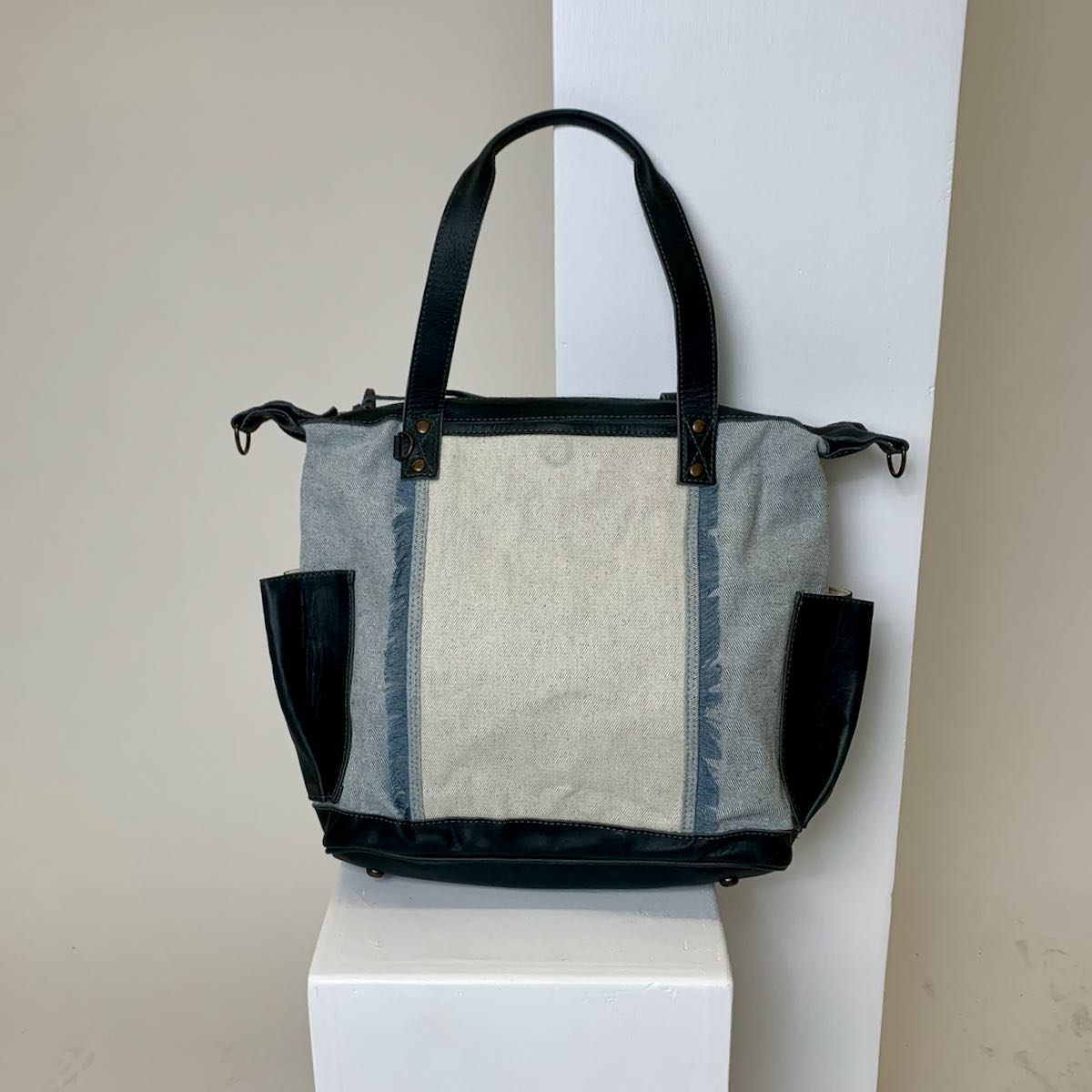 OG REVIVAL CONVERTIBLE DAY BAG MEDIUM - UPCYCLED DENIM - SLATE LEATHER