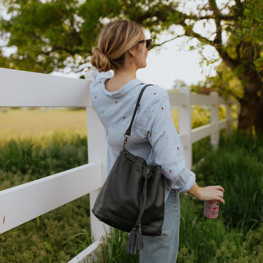 DRAWSTRING BUCKET BAG - FULL LEATHER - SLATE
