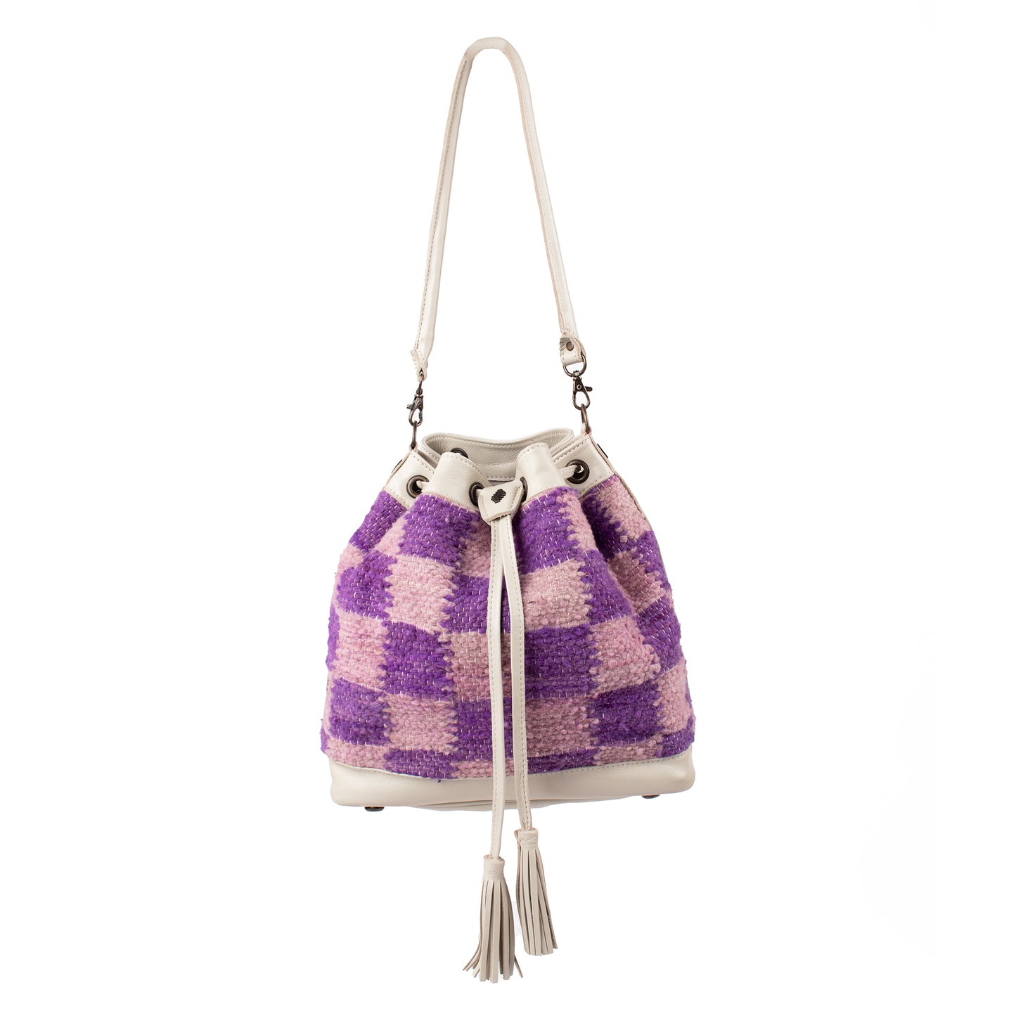 DRAWSTRING BUCKET BAG - MEDIUM - CHECKERED MOMO - IRIS & ORCHID - BONE LEATHER