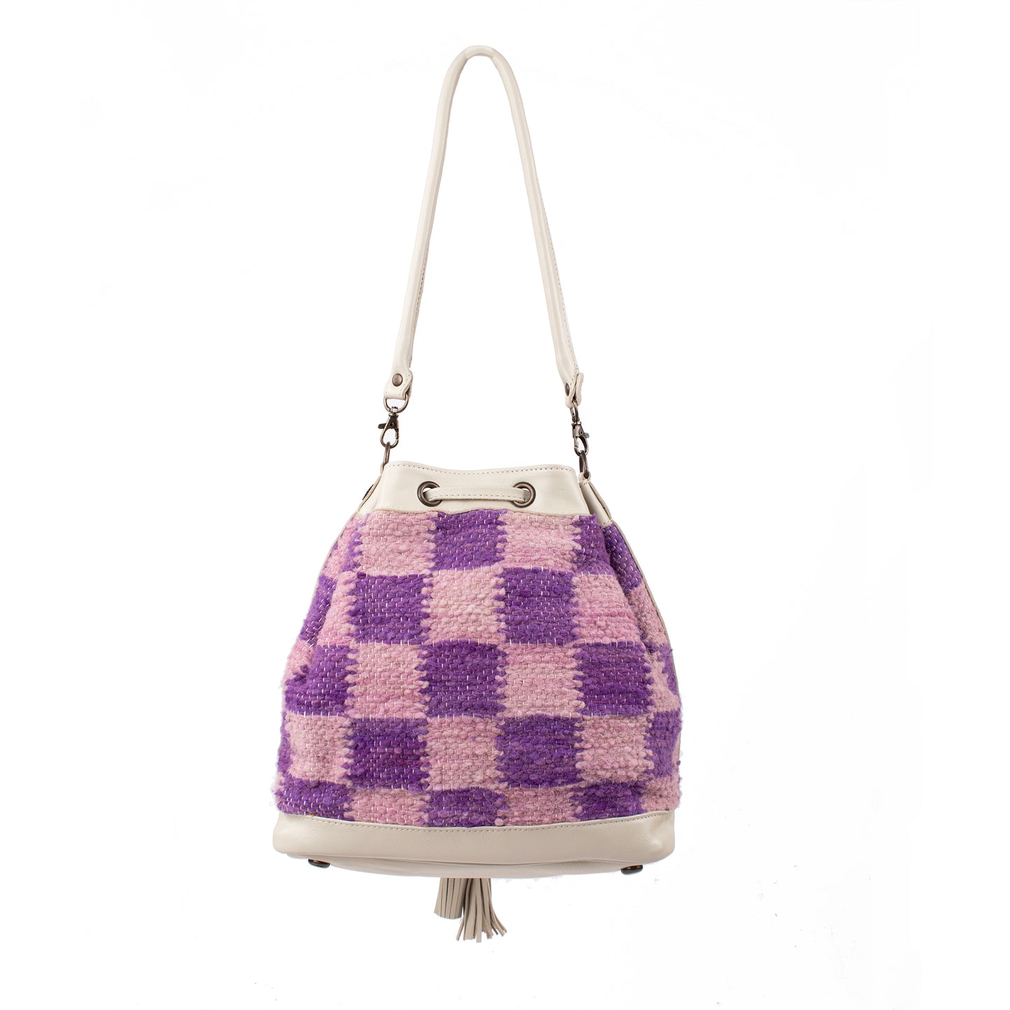 DRAWSTRING BUCKET BAG - MEDIUM - CHECKERED MOMO - IRIS & ORCHID - BONE LEATHER