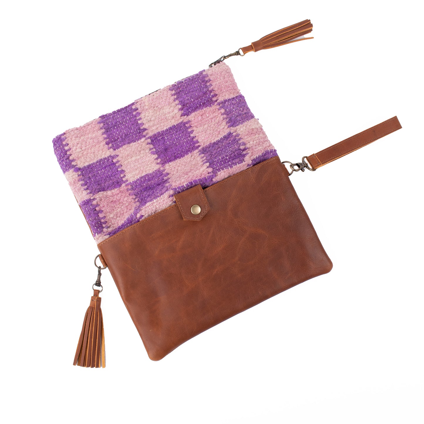 FOLD OVER CLUTCH - CHECKERED MOMO - IRIS & ORCHID - CAFE LEATHER