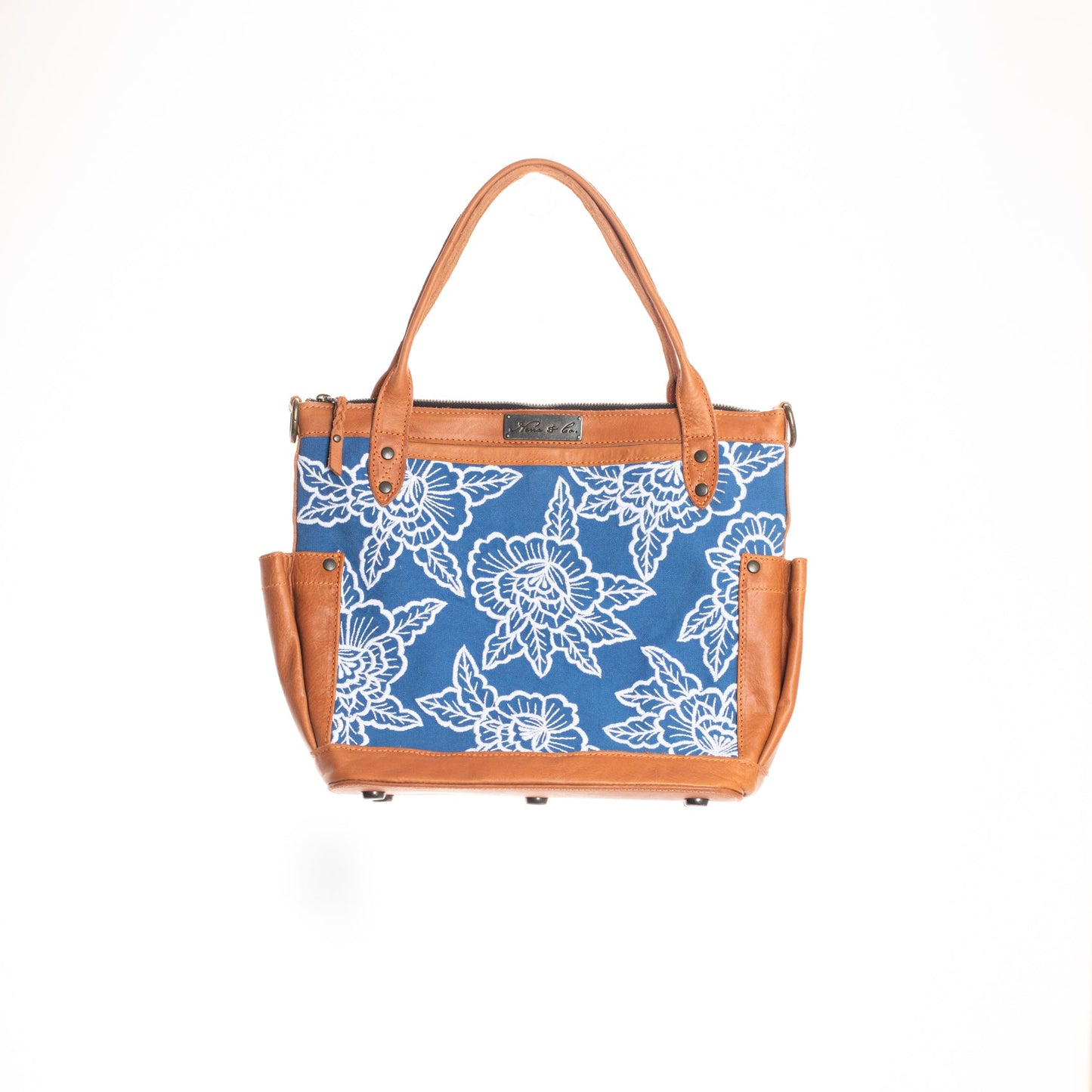 THE PERFECT BAG MEDIUM - MEXICO COLLECTION - BLUE & WHITE EMBROIDERED PANEL - OCHRE LEATHER