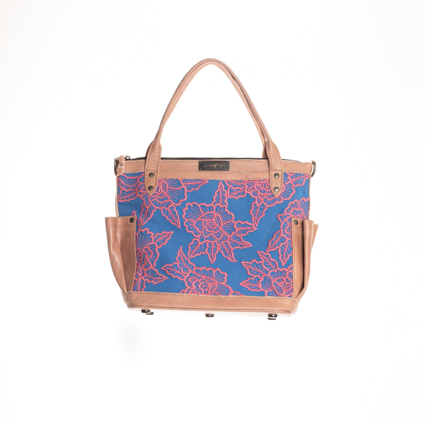 THE PERFECT BAG MEDIUM - MEXICO COLLECTION - BLUE & PINK EMBROIDERED PANEL - ROSÉ LEATHER