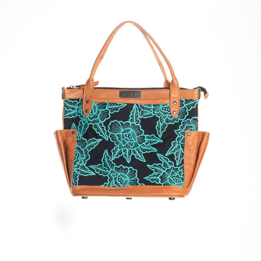 THE PERFECT BAG MEDIUM - MEXICO COLLECTION - BLACK & TURQUOISE EMBROIDERED PANEL - OCHRE LEATHER