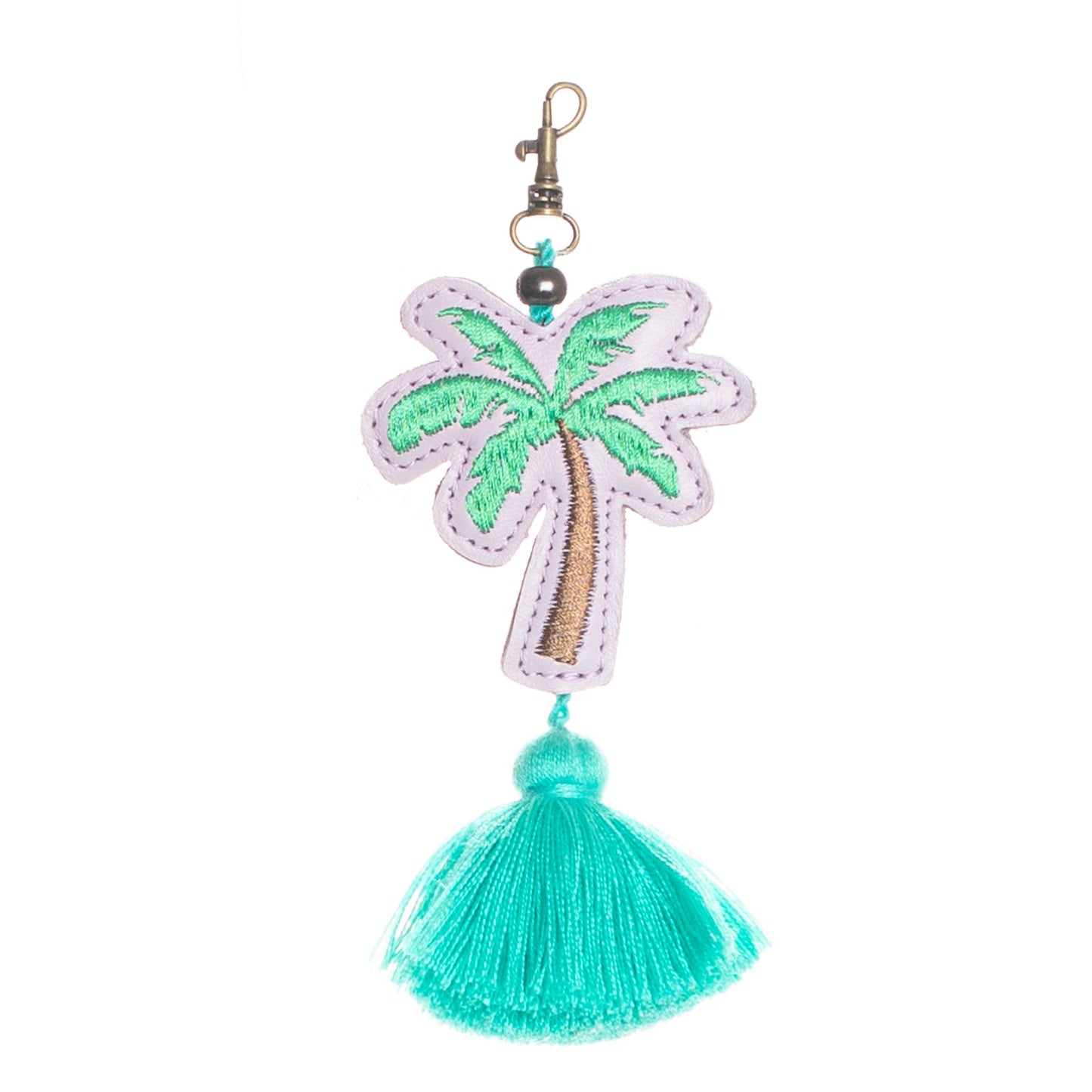 EMBROIDERED PALM TREE CHARM - LEATHER CHARM WITH TASSEL