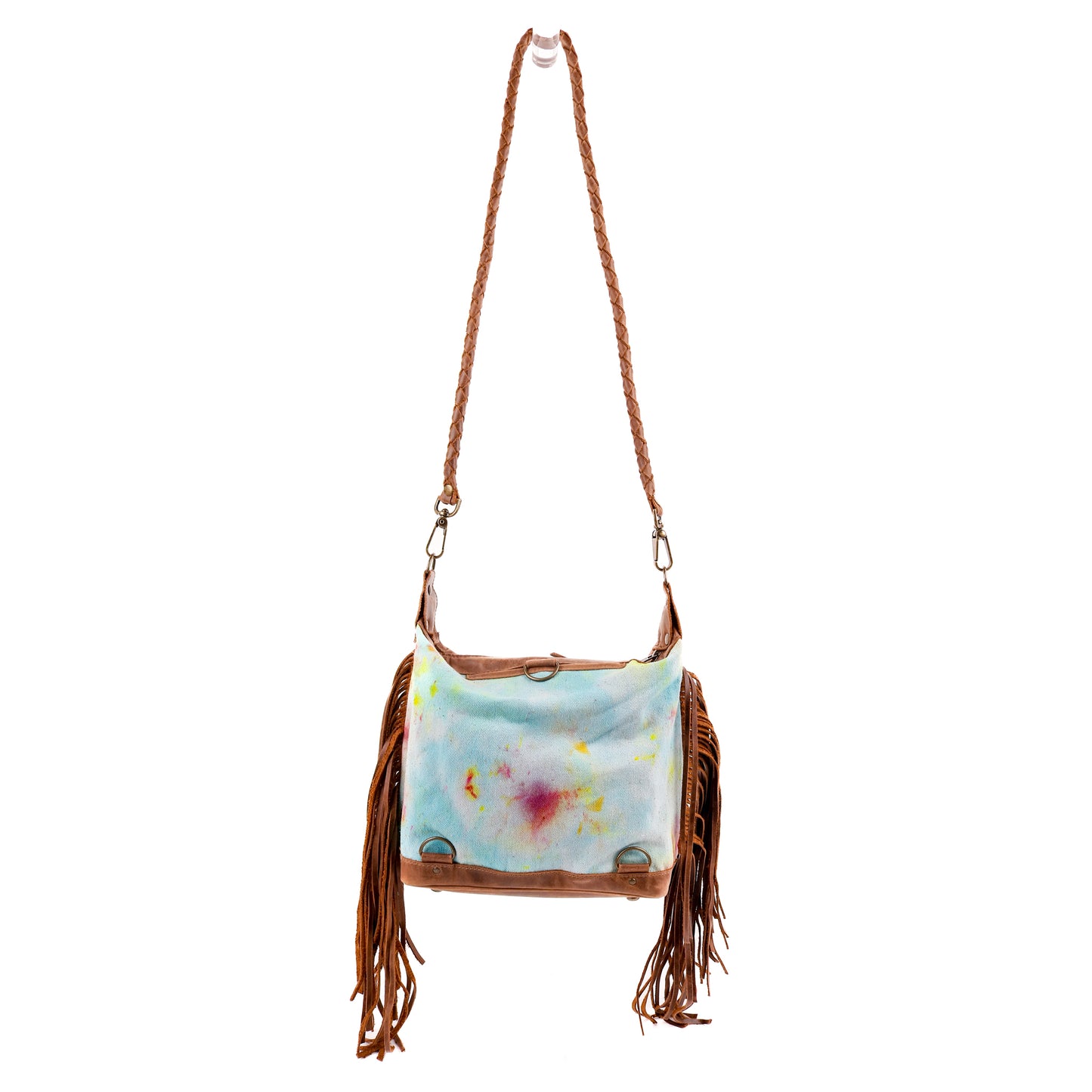 BEATRIZ MINI CONVERTIBLE DAY BAG WITH FRINGE - UPCYCLED DENIM - TIE DYE - CAOBA - NO. 10005