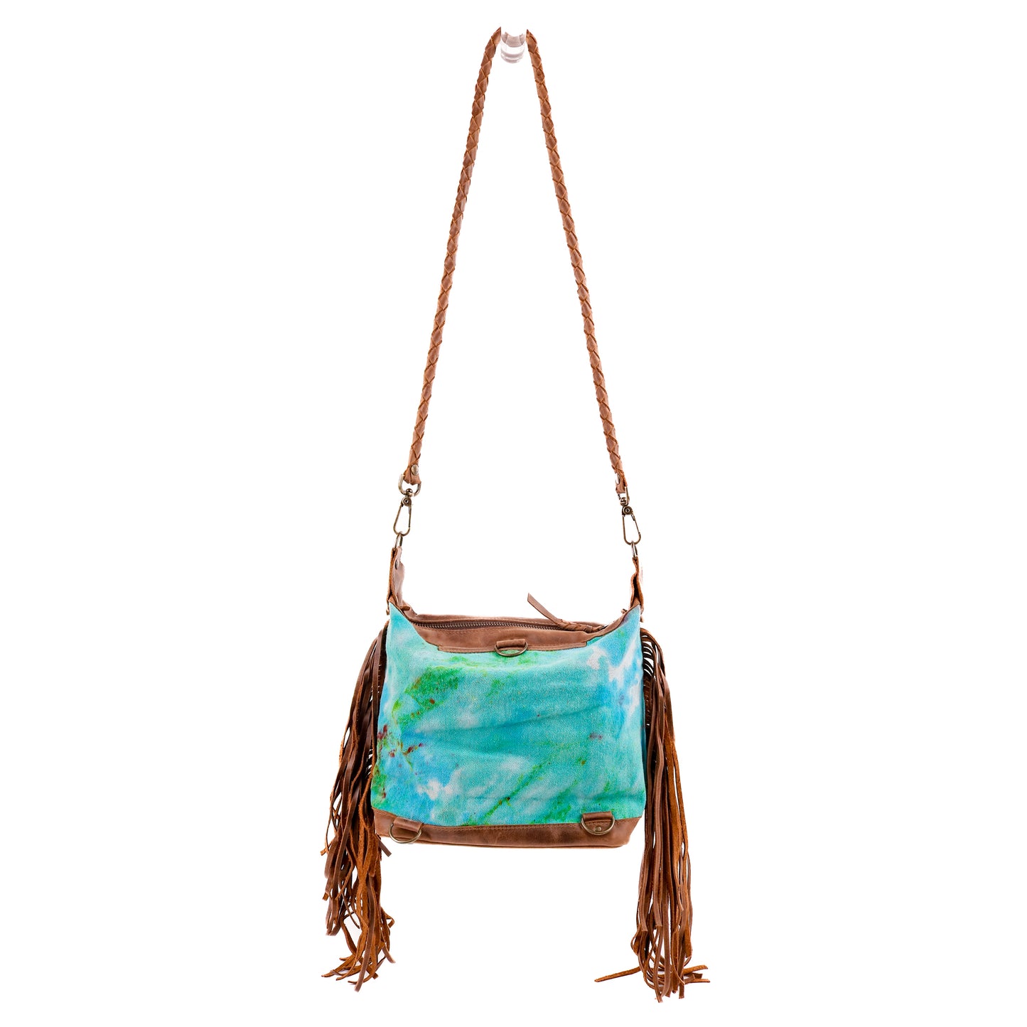 BEATRIZ MINI CONVERTIBLE DAY BAG WITH FRINGE - UPCYCLED DENIM - TIE DYE - CAOBA - NO. 10009