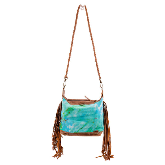 BEATRIZ MINI CONVERTIBLE DAY BAG WITH FRINGE - UPCYCLED DENIM - TIE DYE - CAOBA - NO. 10009