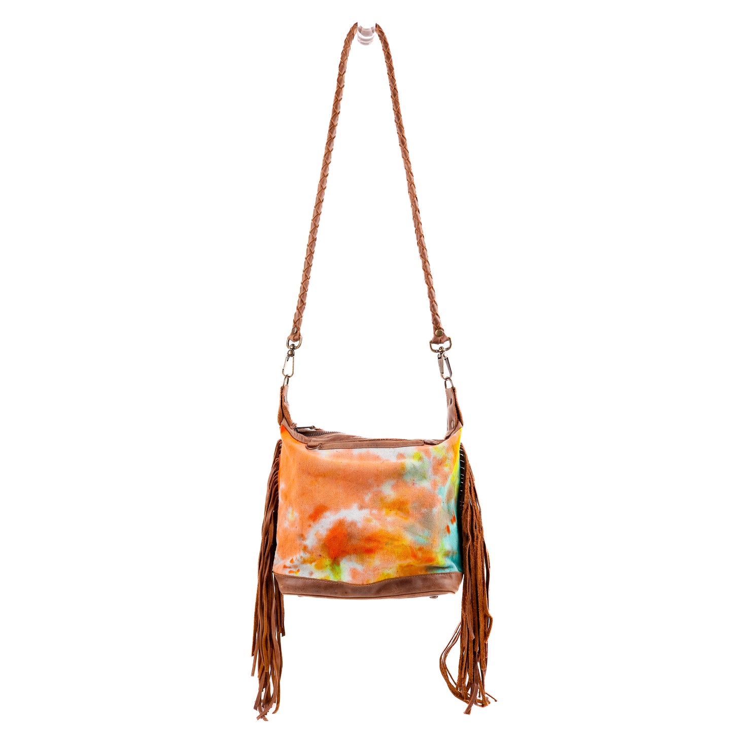 BEATRIZ MINI CONVERTIBLE DAY BAG WITH FRINGE - UPCYCLED DENIM - TIE DYE - CAOBA - NO. 10012