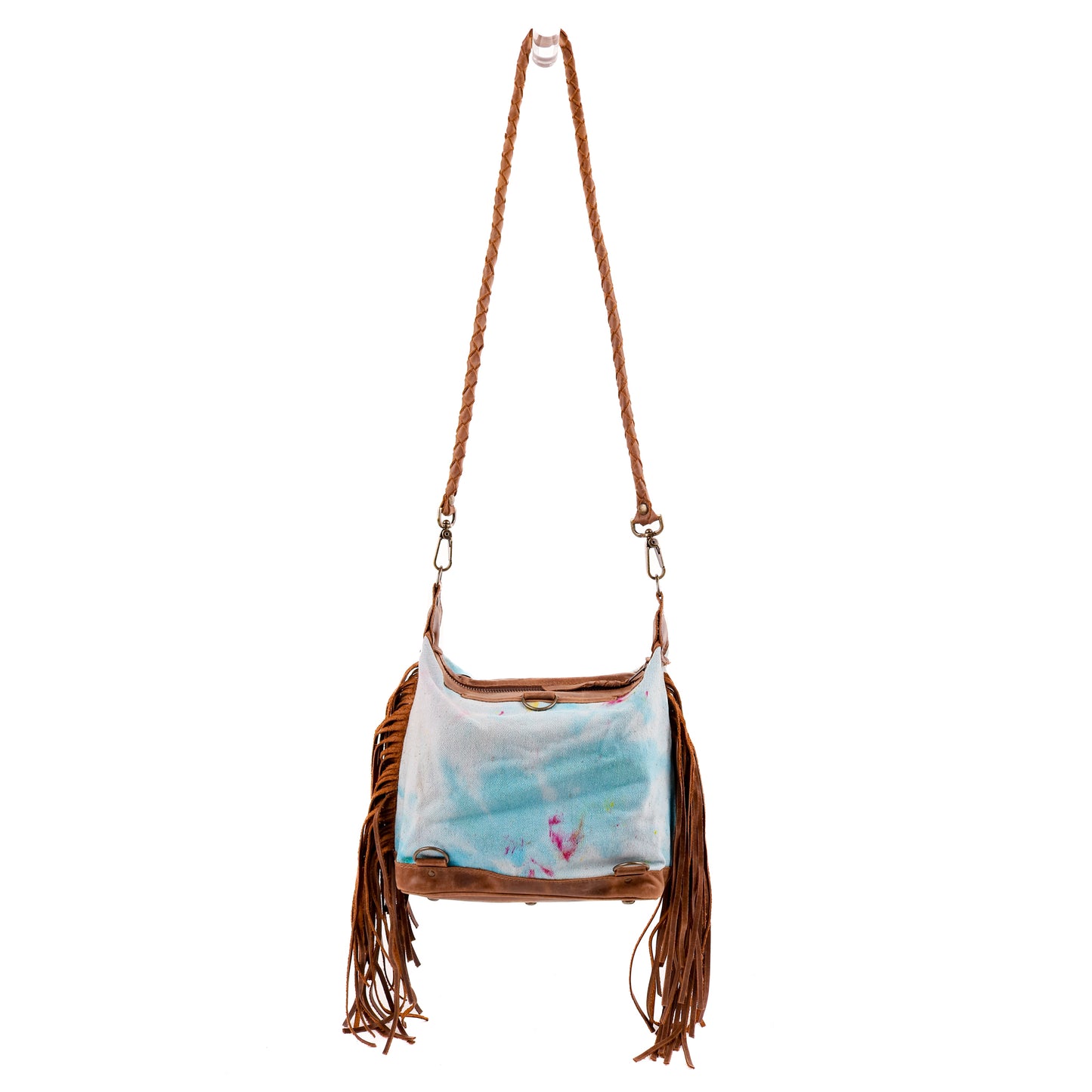 BEATRIZ MINI CONVERTIBLE DAY BAG WITH FRINGE - UPCYCLED DENIM - TIE DYE - CAOBA - NO. 10015