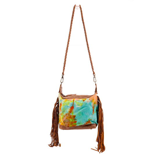 BEATRIZ MINI CONVERTIBLE DAY BAG WITH FRINGE - UPCYCLED DENIM - TIE DYE - CAOBA - NO. 10018