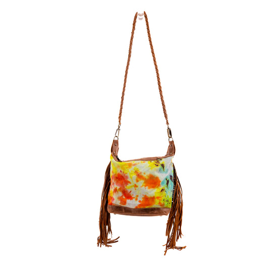 BEATRIZ MINI CONVERTIBLE DAY BAG WITH FRINGE - UPCYCLED DENIM - TIE DYE - CAOBA - NO. 10024
