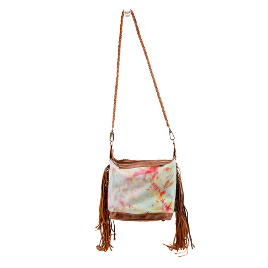 BEATRIZ MINI CONVERTIBLE DAY BAG WITH FRINGE - UPCYCLED DENIM - TIE DYE - CAOBA - NO. 10029