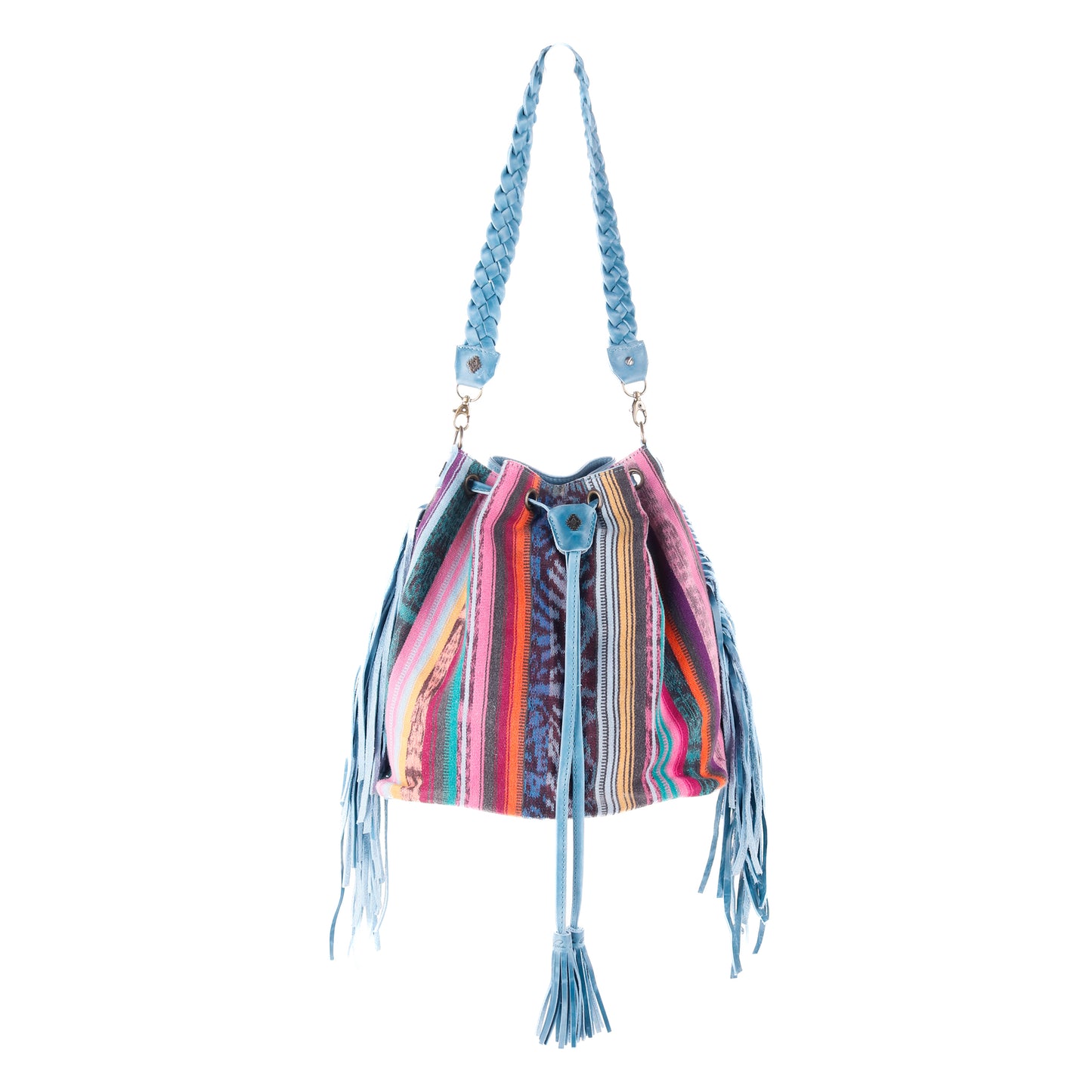 DRAWSTRING BUCKET BAG WITH FRINGE - OOAK CORTE DE PLAYA - CERULEAN - NO. 10277