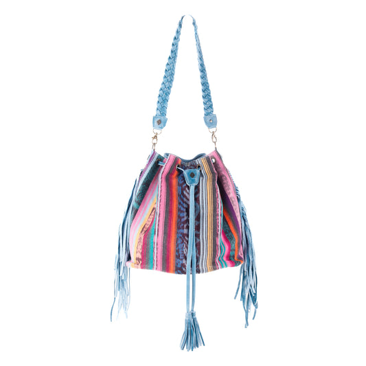 DRAWSTRING BUCKET BAG WITH FRINGE - OOAK CORTE DE PLAYA - CERULEAN - NO. 10277