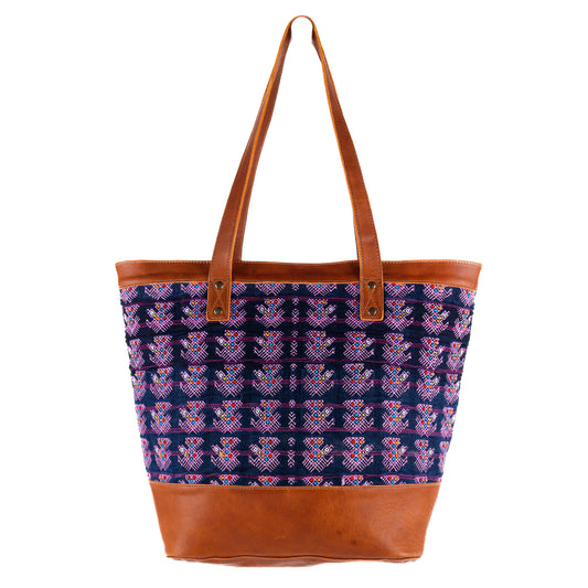 CADIZ TOTE - OOAK VINTAGE TEXTILE - NAHUALA REGION - CAFE LEATHER - NO. 10605