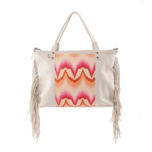 H&S PERFECT FRINGE TOTE - OOAK PANEL - BONE - NO. 12838