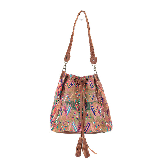 DRAWSTRING BUCKET BAG - OOAK HUIPIL - CAFE - NO. 14887