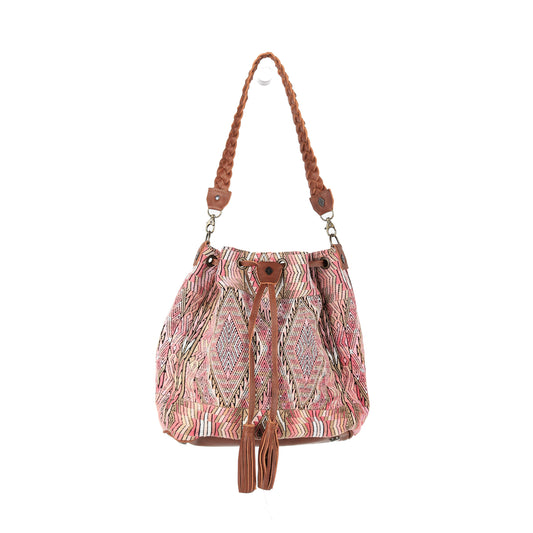 DRAWSTRING BUCKET BAG - OOAK HUIPIL - CAFE - NO. 14888