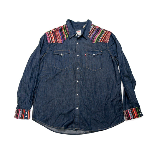 DENIM SHIRT WITH ARTISAN TEXTILE DETAILS - SIZE XL - NO. 15355
