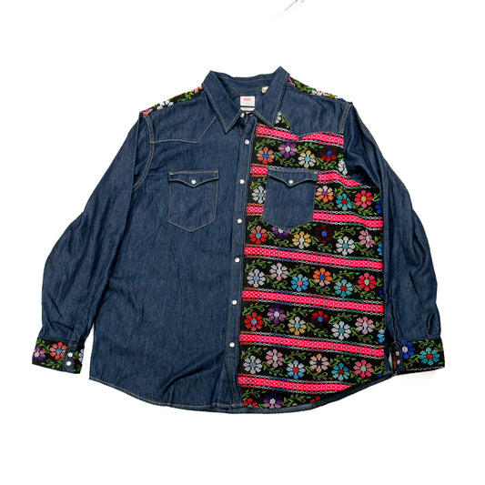 DENIM SHIRT WITH ARTISAN TEXTILE DETAILS - SIZE XXL - NO. 15356