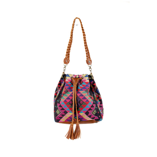 DRAWSTRING BUCKET BAG - OOAK HUIPIL - CAFE - NO. 15693