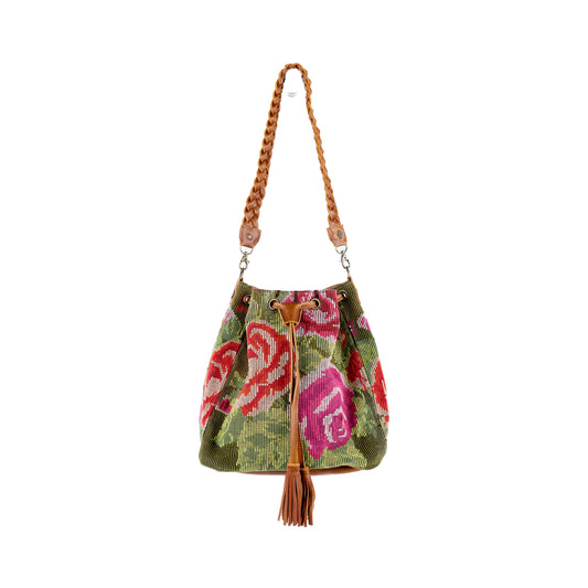 DRAWSTRING BUCKET BAG - OOAK HUIPIL - CAFE - NO. 15694