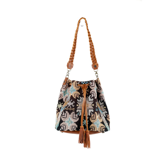 DRAWSTRING BUCKET BAG - OOAK HUIPIL - CAFE - NO. 15695