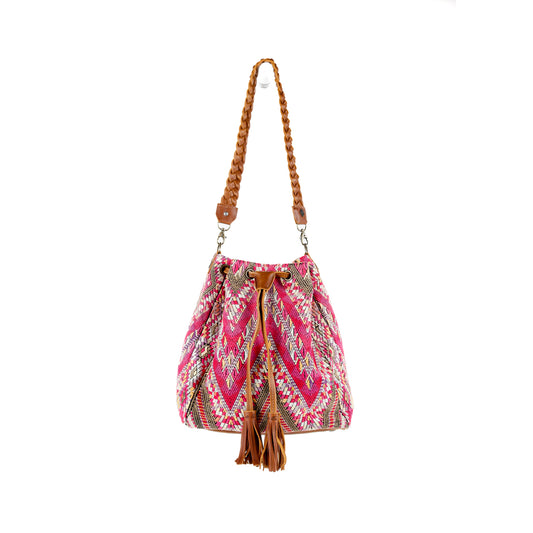 DRAWSTRING BUCKET BAG - OOAK HUIPIL - CAFE - NO. 15696