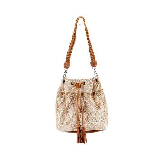 DRAWSTRING BUCKET BAG - OOAK HUIPIL - CAFE - NO. 15697