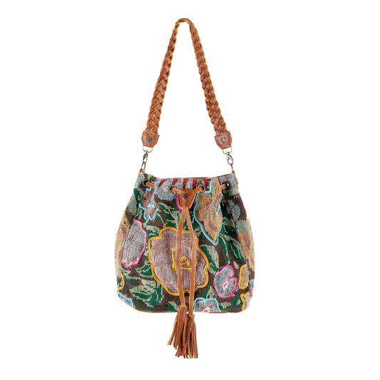 DRAWSTRING BUCKET BAG - OOAK HUIPIL - CAFE - NO. 16053
