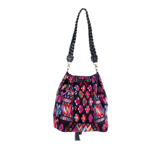 DRAWSTRING BUCKET BAG - OOAK HUIPIL - BLACK - NO. 16433