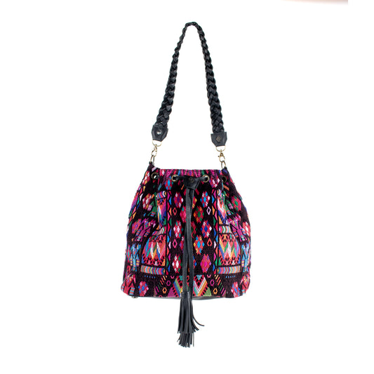 DRAWSTRING BUCKET BAG - OOAK HUIPIL - BLACK - NO. 16433