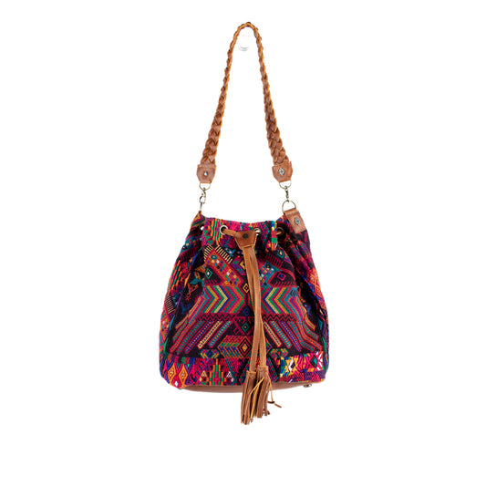 DRAWSTRING BUCKET BAG - OOAK HUIPIL - CAFE - NO. 16442