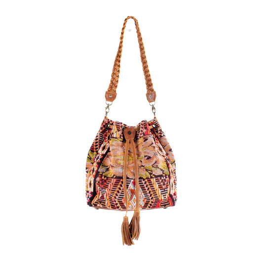 DRAWSTRING BUCKET BAG - OOAK HUIPIL - CAFE - NO. 16443
