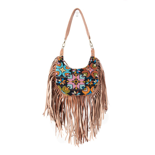 BOHO FRINGE SADDLE BAG - OOAK HUIPIL - FAWN - NO. 16628